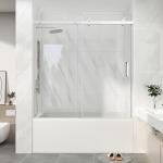 KPUY Frameless Sliding Bathtub Door, 55-60" W x 60" H Tub Shower Door, 1/4" (6mm) Thick Tempered Clear Glass with Explosion-Proof Film Nano Coating, Brushed Nickel