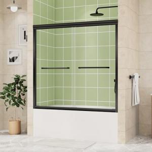 DELAVIN 56-60 in.W x 59 in.H Semi-Frameless Double Sliding Tub Shower Doors, Water Repellent Bypass Black Tub Door, SGCC Clear Tempered Bathtub Doors with Explosion-Proof Film