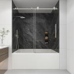 KPUY Tub Shower Door, 55-60" W x 60" H Frameless Sliding Bathtub Door, 1/4" (6mm) Thick Tempered Clear Glass with Explosion-Proof Film Nano Coating, Stainless Steel Frame, Brushed Nickel