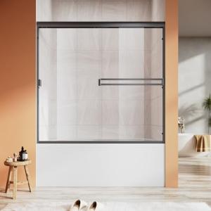 Bathtub Shower Door 56-60 in. W x 57 in. H, UCALAFEE Semi-Frameless Double Sliding Shower Door with 1/4" (6mm) SGCC Clear Tempered Glass, Silent Soft-Close & Anti-Leak Walk-in Shower Door, Matte Black