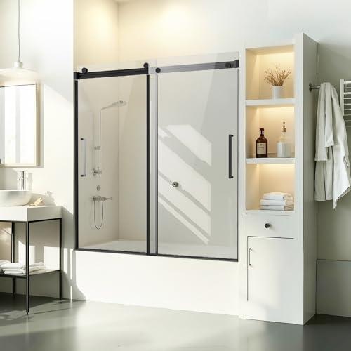 VEVOR Frameless Sliding Bathtub Door, 56-60" W x 60" H, Frameless Shower Glass Door, Frameless Double Sliding Tub Door with 5/16 in Clear Tempered Glass and Stainless Steel Handle, Black