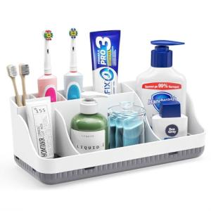 Bathroom Counter Organizer and Storage, 7 Slots Detachable Toothbrush Holders for Bathrooms, Anti-Slip Electric Toothbrush and Toothpaste Holder Countertop Vanity Organizer Accessories for Adults Kids