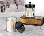 Amolliar 4 Pack Apothecary Jars Bathroom Vanity Storage Organizer Set -Countertop Canister with Stainless Steel Lids &Cute Stickers - Qtip Dispenser Holder for Qtips,Cotton Swabs,Makeup Sponges(Black)
