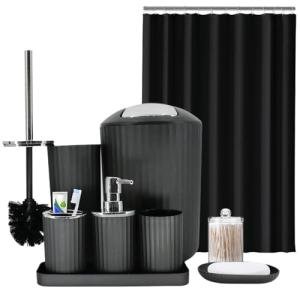Black Bathroom Accessories Set, 9-Piece Bathroom Accessory Sets Complete with Trash Can, Shower Curtain, Vanity Tray, Soap Dispenser, Soap Dish, Toothbrush Holder, Toothbrush Cup and Toilet Brush