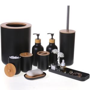 FNGJMJG Matte Black Bathroom Accessories Set 9PCS,Bamboo Bathroom Accessories Sets Complete with Trash Can,Soap Dispenser and Toothbrush Holder Set,Toilet Brush,Qtip Holder,Vanity Tray,Soap Dish