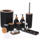 FNGJMJG Matte Black Bathroom Accessories Set 9PCS,Bamboo Bathroom Accessories Sets Complete with Trash Can,Soap Dispenser and Toothbrush Holder Set,Toilet Brush,Qtip Holder,Vanity Tray,Soap Dish