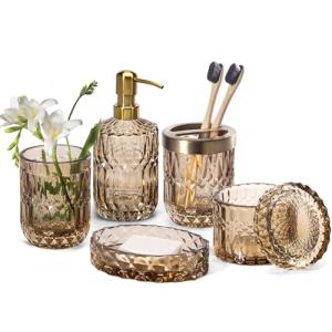 EMPO 6PCS Bathroom Clear Glass Accessories Set (Lotion Soap Dispenser, Soap Dish, Toothbrush Holder, Tumbler, Cotton Swab Jar), Contemporary Modern Decor Crystal Vintage Gift (6pcs Brown)