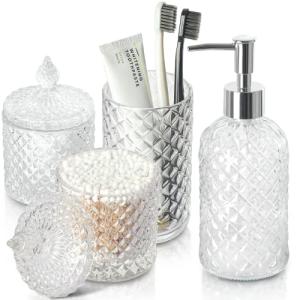 RYTOXILO Bathroom Accessories Set, 4 Pack Clear Glass Bath Accessory Sets Complete, Diamond Soap Dispenser and Toothbrush Holder Set for Bathroom Counter Organizer Essentials, Modern Bathroom Decor