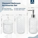 RYTOXILO Bathroom Accessories Set, 4 Pack Clear Glass Bath Accessory Sets Complete, Diamond Soap Dispenser and Toothbrush Holder Set for Bathroom Counter Organizer Essentials, Modern Bathroom Decor