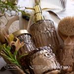 EMPO 6PCS Bathroom Clear Glass Accessories Set (Lotion Soap Dispenser, Soap Dish, Toothbrush Holder, Tumbler, Cotton Swab Jar), Contemporary Modern Decor Crystal Vintage Gift (6pcs Brown)