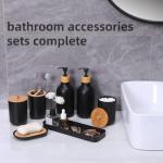 FNGJMJG Matte Black Bathroom Accessories Set 9PCS,Bamboo Bathroom Accessories Sets Complete with Trash Can,Soap Dispenser and Toothbrush Holder Set,Toilet Brush,Qtip Holder,Vanity Tray,Soap Dish