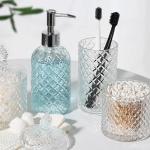 RYTOXILO Bathroom Accessories Set, 4 Pack Clear Glass Bath Accessory Sets Complete, Diamond Soap Dispenser and Toothbrush Holder Set for Bathroom Counter Organizer Essentials, Modern Bathroom Decor