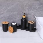 FNGJMJG Matte Black Bathroom Accessories Set 9PCS,Bamboo Bathroom Accessories Sets Complete with Trash Can,Soap Dispenser and Toothbrush Holder Set,Toilet Brush,Qtip Holder,Vanity Tray,Soap Dish