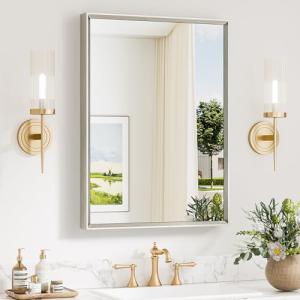 Keonjinn 22 x 30 Inch Brushed Nickel Bathroom Mirrors for Over Sink, Beveled Rectangle Framed Mirrors for Wall, Farmhouse Bathroom Vanity Mirror, Tempered Glass, Square Corner