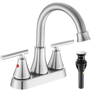 Bathroom Sink Faucet 4 Inch 2 Handle Centerset Brushed Nickel Lead-Free Modern Bathroom Faucet Vanity Faucet with Pop-up Drain Stopper and Supply Hoses