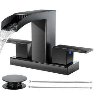 Cobbe Waterfall Bathroom Faucets 3 Hole, Matte Black Bathroom Sink Faucet Square 4 Inch Centerset with Pop-Up Drain, 2 Handle and 2 Supply Hoses, Lead-Free Stainless Steel for Vanity Sink Rv