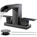 Cobbe Waterfall Bathroom Faucets 3 Hole, Matte Black Bathroom Sink Faucet Square 4 Inch Centerset with Pop-Up Drain, 2 Handle and 2 Supply Hoses, Lead-Free Stainless Steel for Vanity Sink Rv