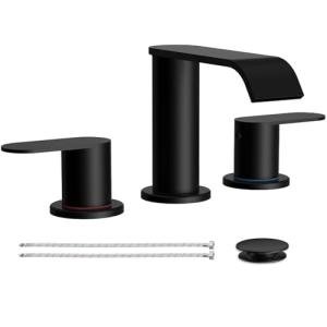 Homevacious Matte Black Waterfall Bathroom Faucet for Sink 3 Hole 8 Inch Widespread Bathroom Sink Faucets with Pop-up Drain Supply Lines Stainless Steel 2-Handle Bathroom Sink Faucet for Bath Vanity