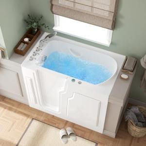 FerdY Floridian 55" x 33" Walk-in Whirlpool Bathtub with 16 Water SPA Jets and Left-Side Door Opening and Quick Fill and Drain System, Rectangular Soaking Jetted Bath Tub in White with LED Lights