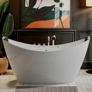Empava 59" Freestanding Whirlpool Tub with Center Drain,Stand Alone Bathtub with 8 Hydromassage Jets, Boat-Shaped Design,Acrylic,ETL Certificated