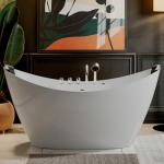 Empava 59" Freestanding Whirlpool Tub with Center Drain,Stand Alone Bathtub with 8 Hydromassage Jets, Boat-Shaped Design,Acrylic,ETL Certificated