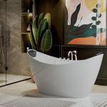 Empava 59" Freestanding Whirlpool Tub with Center Drain,Stand Alone Bathtub with 8 Hydromassage Jets, Boat-Shaped Design,Acrylic,ETL Certificated