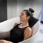 Empava Upgrade Acrylic Whirlpool Bathtub, 59 Inch Acrylic Freestanding Jetted Tub, Hydromassage Gracefully Oval Shaped with 16 Hydromassage Jets with Lumbar and Neck Support, Black Pillow