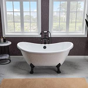 WOODBRIDGE 59" Heavy Duty Acrylic Double Slipper Clawfoot Bath Tub with Matte Black Feet + Matte Black Drain &Overflow