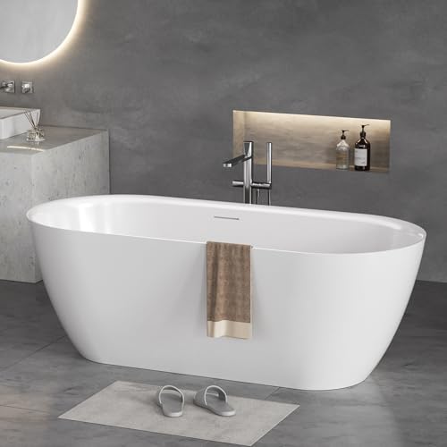 67" Acrylic Freestanding Soaking Bathtub, Modern Oval Acrylic Bath Tub with Pop-up Drain & Integrated Overflow for Soaking and Bathing, cUPC Certified, Glossy White Finish