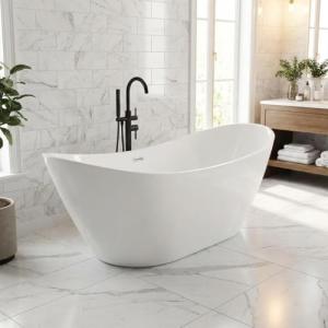 67" Acrylic Freestanding Soaking Bathtub, Free Standing Tub, Stylish Stand Alone Contemporary Soaking Tub with Integrated Overflow and Drain In Chrome, cUPC Certified