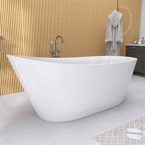 GETPRO Free Standing Tub 59" Acrylic Freestanding Bathtub, Adjustable Soaking Bath Tub Oval Shape with Integrated Slotted Overflow and Chrome Anti-clogging Drain Glossy White