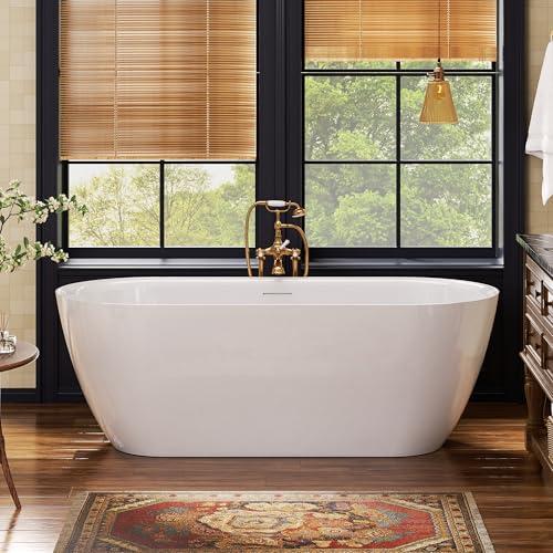 67" Acrylic Freestanding Bathtub, Deep Soaking Tub with Integrated Overflow and Drain, Oval Stand Alone Tub, Modern Bathtubs for Bathroom, cUPC Certified(Glossy White)