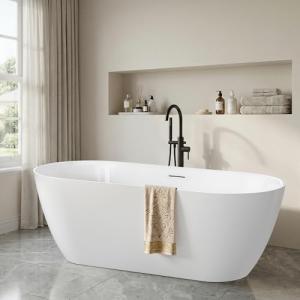 67" Freestanding Bathtub, Oval Deep Soaking Tub for Bathing, Modern Stand Alone Acrylic Bath Tub, with Integrated Overflow & Pop-Up Drain, cUPC Certified, Glossy White Finish