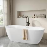 67" Freestanding Bathtub, Oval Deep Soaking Tub for Bathing, Modern Stand Alone Acrylic Bath Tub, with Integrated Overflow & Pop-Up Drain, cUPC Certified, Glossy White Finish