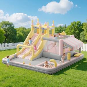 Albott Inflatable Bounce House, Water Slide with Jumping Area, Climbing Wall, Splash Pool and Water Gun, Indoor Outdoor Jumper for Big Children, Air Blower Included, Pastel Color, 184x173x94 Inch