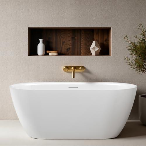 59" Acrylic Freestanding Bathtub, Modern Soaking Stand Alone Tub, Deep Oval Bath Tub with Integrated Overflow & Pop-up Drain for Bathroom, cUPC Certified, Glossy White Finish