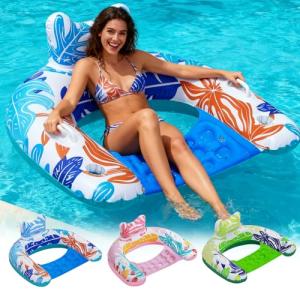 BSIEZC Pool Floats, Inflatable Pool Floats Adult & Kids 3 Packs, U-Shaped Water Floating Lounger with Headrest, Cup Holders, Handles, 3 Chambers, Portable Pool Float Chair for Summer Beach Pool Party
