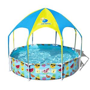 H2OGO! Kids Splash-in-Shade 8-Foot Round Steel Frame Above Ground Pool with Water Mister and Canopy Sunshade, Green Tropical Leaf Print