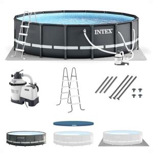 Intex Ultra XTR Frame 14' x 42" Round Above Ground Outdoor Swimming Pool Set with Sand Filter Pump, Ladder, Ground Cloth, and Pool Cover