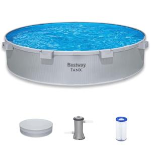 Bestway TANX 10' x 24" Stock Tank Pool, Round Galvanized Steel Above Ground Pool Set with Filter Pump, Filter Cartridge (Type III), Pool Cover, and Cup Holders, Semi-Permanent Metal Steel Wall Pool
