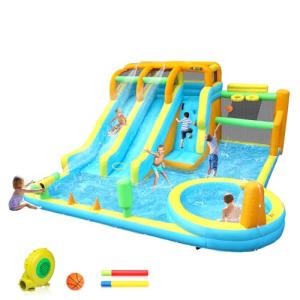 (2026 New) JOYMOR 11-in-1 Inflatable Water Slide for Kids Backyard w/ 2 Waterslide, 2 Basketball Hoop, Pool, Climbing Wall, Water Blasters, 1min Blow Up Water Slides Park w/ 750w Blower, Storage Bag