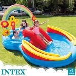 Intex 57453EP 9.75 Foot x 6.3 Foot x 53 Inch Multicolor Rainbow Slide Kids Inflatable Pool with Water Slide and Ring Toss for Children Ages 2 and Up
