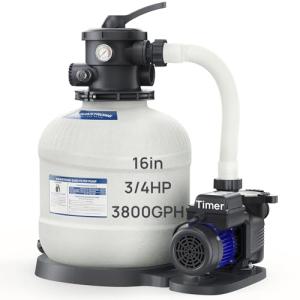 AQUASTRONG Sand Filter Pump for Above Ground Pool, Pool Pumps Above Ground with Timer, Pool Sand Filter with 6-Way Valve,Improved Circulation and Filtration,16in, up to 16000 Gallons