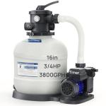 AQUASTRONG Sand Filter Pump for Above Ground Pool, Pool Pumps Above Ground with Timer, Pool Sand Filter with 6-Way Valve,Improved Circulation and Filtration,16in, up to 16000 Gallons