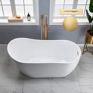WOODBRIDGE 59" Acrylic Freestanding Bathtub Contemporary Soaking White Tub with Brushed Gold Overflow and Drain， B1530 -BG-Drain &O