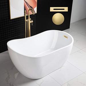 WOODBRIDGE 54" Acrylic Freestanding Bathtub Contemporary Soaking White Tub with Brushed Gold Overflow and Drain，B0006 -BG-Drain &O