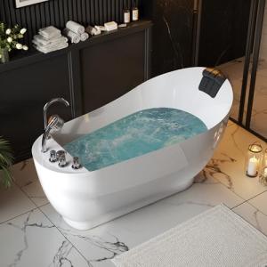 Empava 59" x 29" Freestanding Whirlpool Tub, Acrylic 560W Jetted Bathtub with 7 Hydromassage Nozzles,Lumbar and Neck Support,ETL Certified