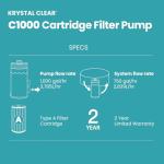 INTEX C1000 Cartridge Filter Pump for AGP: 1000 GPH Pump Flow Rate - Cartridge Gauge Indicator - HydroAeration Technology - Includes Type A Filter Cartridge - Turnover Rate/System Flow 750 GPH