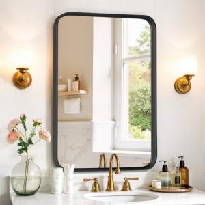 Bathroom Mirror 30x22 Inch Black Metal Frame Rectangle Vanity Mirror with Rounded Corners, Modern Wall Mounted Anti-Rust Mirror for Farmhouse, Restroom, Entryway, Horizontal or Vertical Hanging
