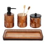 Bathroom Accessories Set,4 Pcs Amber Glass Bathroom Accessories Sets Complete with Lotion Soap Dispenser,Toothbrush Holder,Qtip Holder Dispenser and Vanity Tray,Bathroom Countertop Vanity Organizer